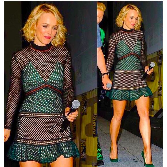 Self Portrait Black Eyelet Mesh Green & Orange Contrast High Neck Dress 6 - Picture 2 of 16